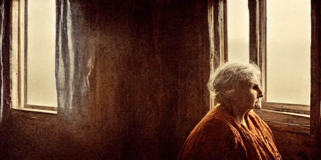 Image similar to portrait bust of old woman, looking outside, tired expression, faded color film, russian cinema, tarkovsky, kodachrome, inside old cabin, next to window, heavy forest outside, long brown hair, old clothing, heavy fog, brown color palette, sunset, low light, hudson river school, 4 k, dramatic lighting, greg rutkowski
