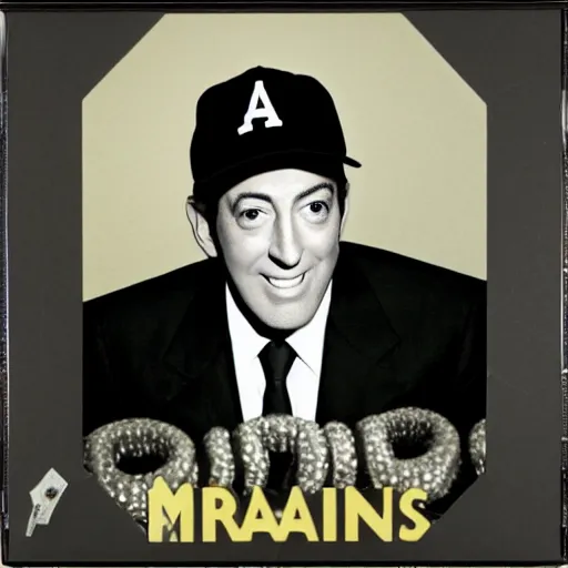 Prompt: portait of Dean martin wearing a baseball cap and a $ chain, 90's rap album cover