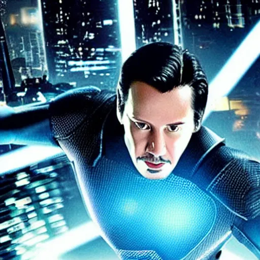 Image similar to keanu reeves as superman in tron legacy city