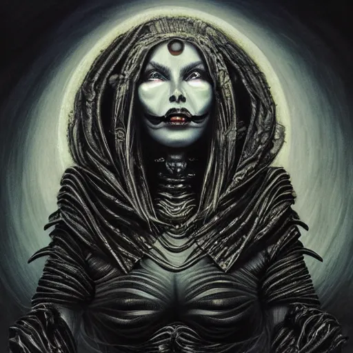 Image similar to illustration of a freaky goddess with a dark moon in the far distance by HR giger, ultradetailed, beautiful, happy, outstanding, trending on artstation, 8k