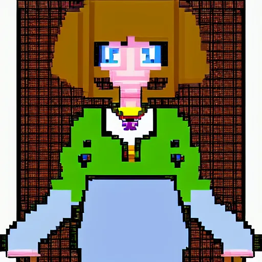 Prompt: snes graphics, 1 6 bit pixel art, game character, girl, brown jacket with sleeves that touch ground, brown hair, hair down, pigtails hair, green eyes, clean background