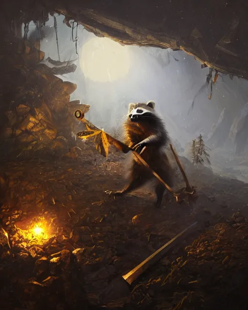 Image similar to oil painting of raccoon mining gold with pickaxe, close shot, full body, dark steampunk mine shaft background, sharp focus, fantasy style, octane render, volumetric lighting, 8k high definition, by greg rutkowski, highly detailed, trending on art Station, dungeons and dragons artwork, centered