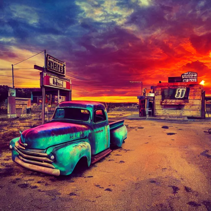 Image similar to a sunset light landscape with historical route 6 6, lots of sparkling details and sun ray ’ s, blinding backlight, smoke, volumetric lighting, colorful, octane, 3 5 mm, abandoned gas station, old rusty pickup - truck, beautiful epic colored reflections, very colorful heavenly, softlight