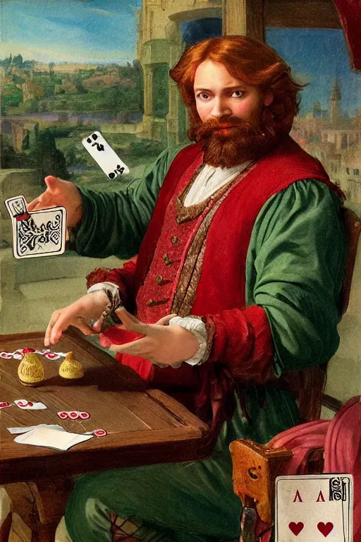 Prompt: intricate beautiful medium - shot, the card player man with short trimmed reddish beard ( ( ( no mustache ) ) ), blonde reddish hair, in green and pink clothes of 1 7 th century playing card game, matte painting, renaissance painting, by paul sezanne by leyendecker, by artgerm, rutkowskyi