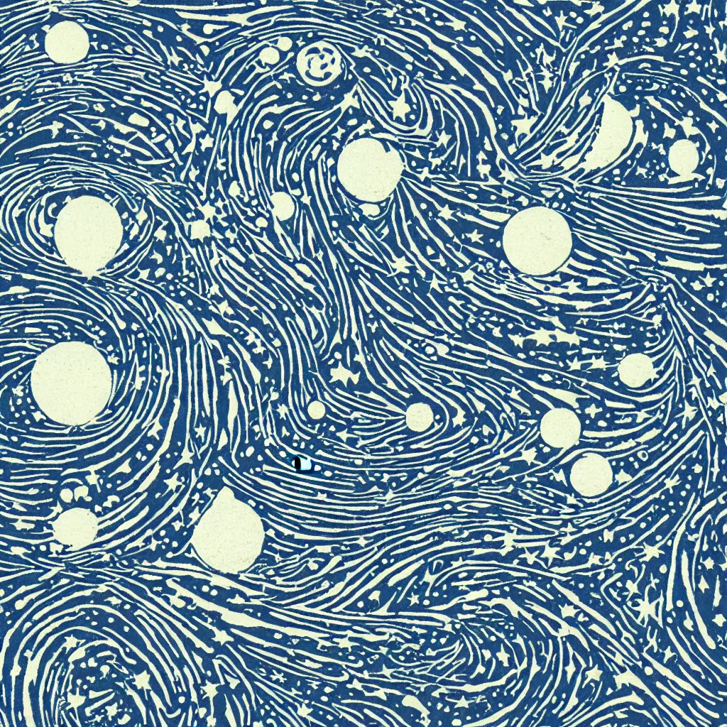 Prompt: optical illusion woodblock print, galactic phenomena outer space \stamp pattern