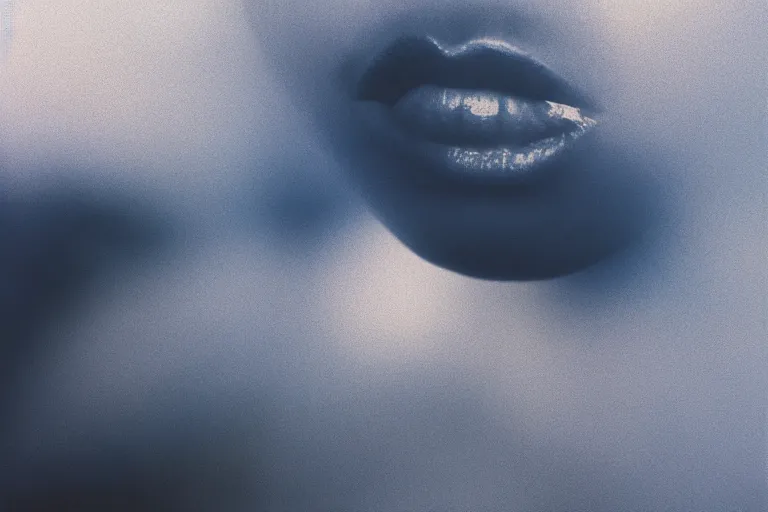 Prompt: film photography, blue theme, minimalism, close up woman lips running in the blue fog, low shutter speed, 35mm, motion blur