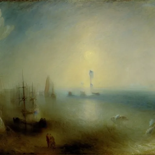 Prompt: seascape, a navy vessel in the distance, morning, william turner, artstation