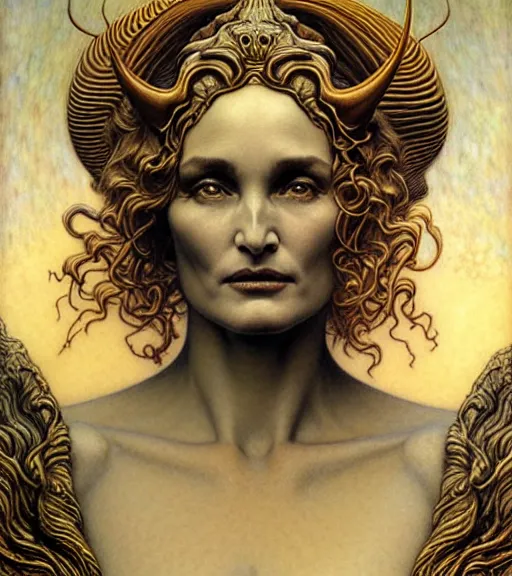 Prompt: detailed realistic beautiful young jessica lange as queen of mars face portrait by jean delville, gustave dore and marco mazzoni, art nouveau, symbolist, visionary, gothic, pre - raphaelite. horizontal symmetry by zdzisław beksinski, iris van herpen, raymond swanland and alphonse mucha. highly detailed, hyper - real, beautiful