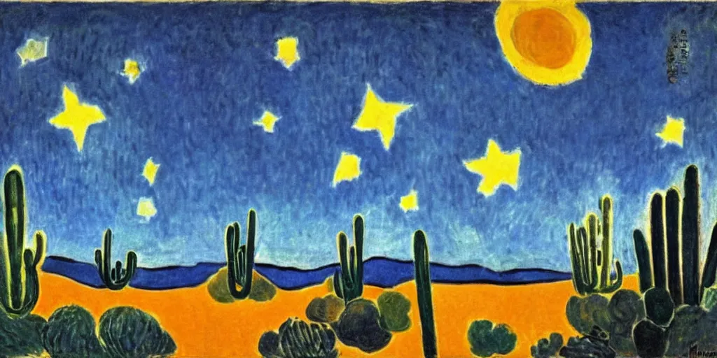 Image similar to desert with sky with stars by henri matisse, cinematic, highly detailed wide, atmospheric lighting