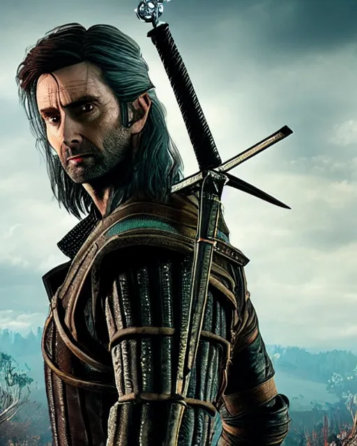 Image similar to David Tennant in the role of Witcher III Gerald of Rivia, amazing short, 8K, IMAX, ultra detailed