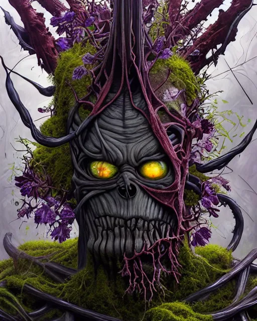 Prompt: the platonic ideal of flowers, rotting, moss, insects and praying of cletus kasady ultimate carnage thanos dementor chtulu nazgul davinci, detailed, intricate, hyperrealism, intense, scary, decay, dmt, art by brock hofer and artgerm and greg rutkowski and alphonse mucha