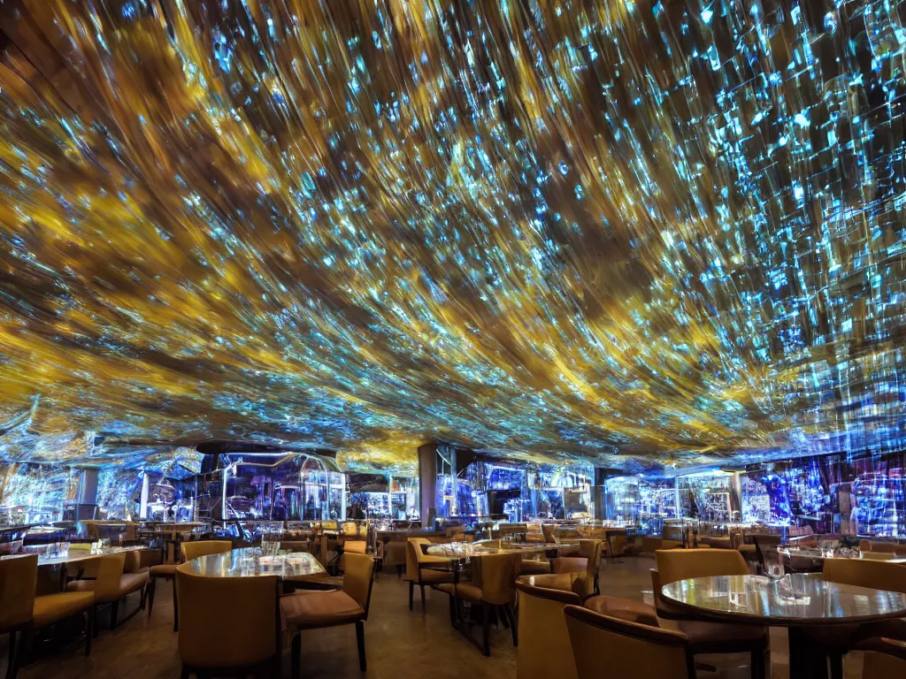 Prompt: drapes with curved translucent screens projecting detailed sci - fi art, pixel perfect photograph, high contrast, volumetric lighting, thin glowing lights, restaurant, chairs, users, pair of keys