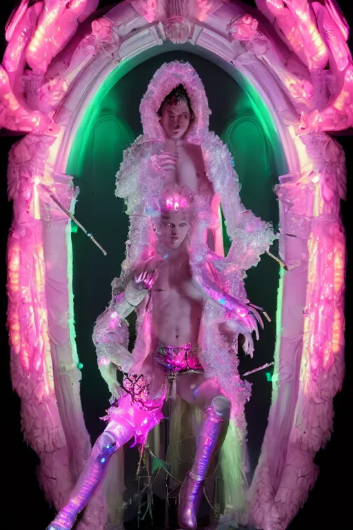 Image similar to full-body rococo and cyberpunk delicate neon crystalline sculpture of ((young muscular albino prince Sean Mendez)) as an iridescent humanoid deity wearing ((peach plastic hooded cloak)) (holding a human skull) in a white castle dungeon, reclining, glowing pink face, crown of (pink lasers), large blue diamonds, swirling black silk fabric. futuristic elements. oozing glowing liquid, full-length view. space robots. intricate artwork by caravaggio. Trending on artstation, octane render, cinematic lighting from the right, hyper realism, octane render, 8k, depth of field, 3D