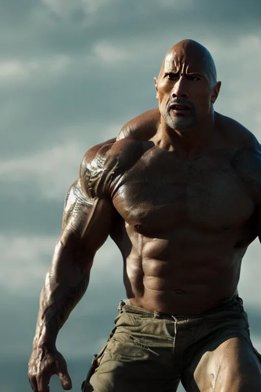 Image similar to An epic cinematic film still of Dwayne Johnson in a movie directed by Denis Villeneuve.