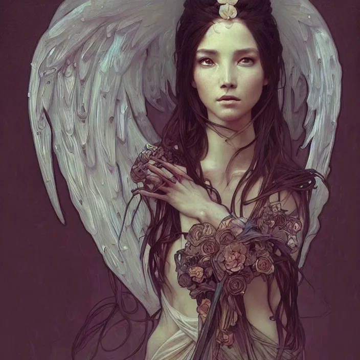 Image similar to A portrait of A beautiful! angel by Ross Tran!!! and alphonse mucha and greg rutkowski! and gustav doré! and Zdzisław Beksiński!,In style of digital art illustration.Symmetry.Highly detailed face.Fantasy,smooth,hyper detailed,sharp focus,Soft light.trending on artstation.4k