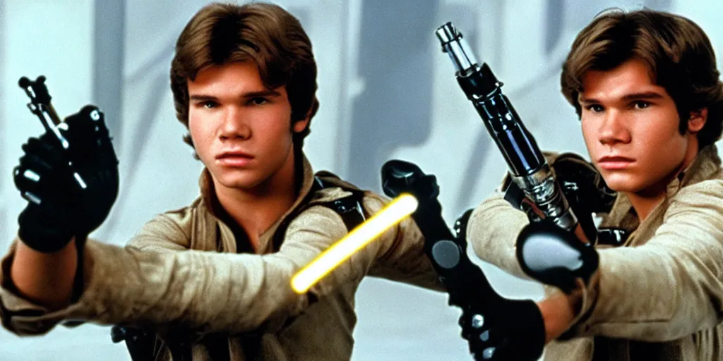 Image similar to a full color still of a teenaged Han Solo holding a lightsaber hilt during a sci-fi battle, cinematic lighting, 1999, directed by Steven Spielberg, 35mm