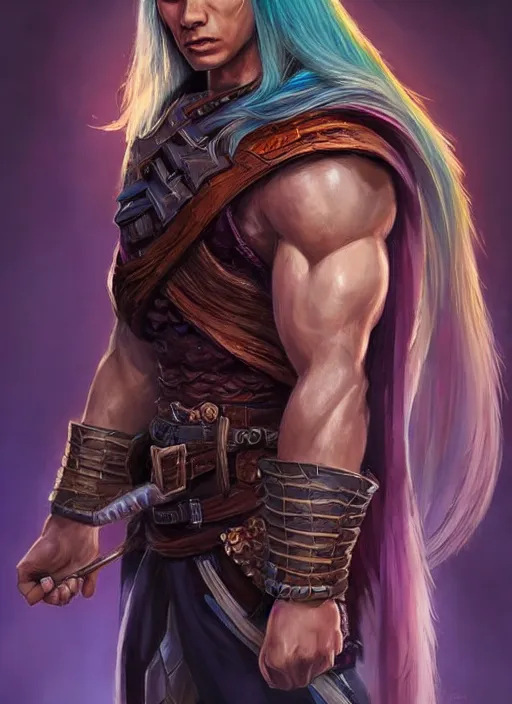 Image similar to muscly asian man mid parted hair, dndbeyond, bright, colourful, realistic, dnd character portrait, full body, pathfinder, pinterest, art by ralph horsley, dnd, rpg, lotr game design fanart by concept art, behance hd, artstation, deviantart, hdr render in unreal engine 5