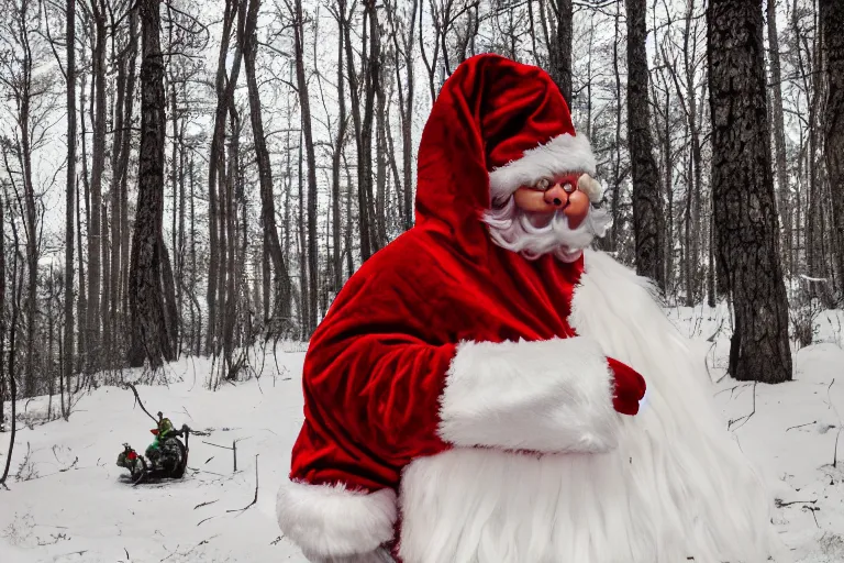 Image similar to scary santa clause demon in a swedish forest in the winter, very low angle photograph, very detailed, trending on artstation, realistic, soft colors, simon stålenhag, horror