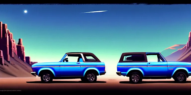 Prompt: a cinematic keyframe matte painting of a sleek 1 9 7 0 s vaporwave concept vehicle retro - futurism sci - fi skey blue ford bronco car in an open garage in the colorado, view from the street. in the moonlight. rocky mountains. by eric lafforgue, glennray tutor and edward hopper, greg rutkowski. trending on artstation.