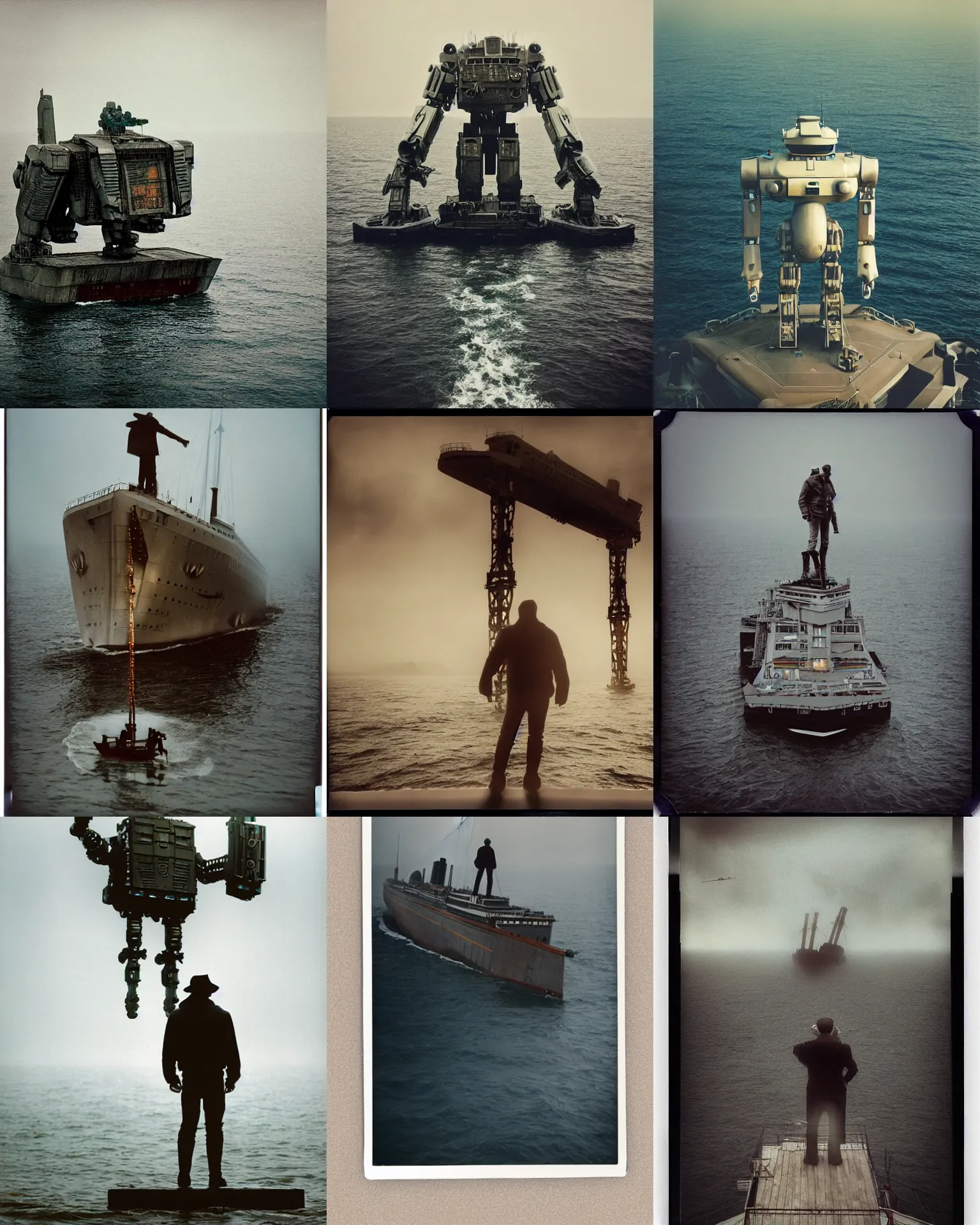 Prompt: giant oversized robot titanic ship mech standing on ocean , Cinematic focus, Polaroid photo, vintage, neutral colors, soft lights, foggy, by Steve Hanks, by Serov Valentin, by lisa yuskavage, by Andrei Tarkovsky