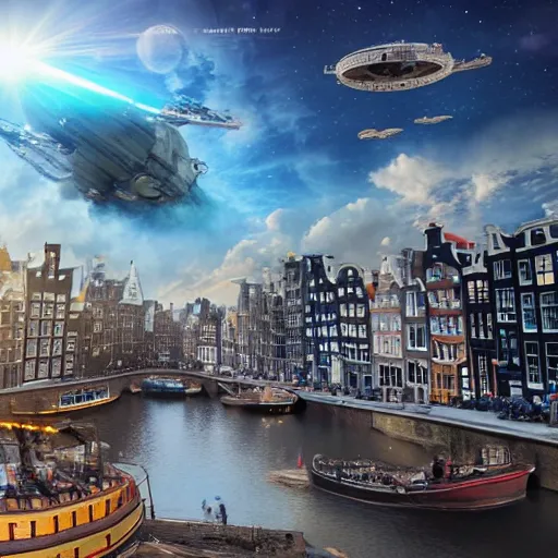 Prompt: city of amsterdam, millennium falcon in the sky, natural lighting, dreamy, on magic mashroom trip, intricate details, matte painting, illustration, by hayao miyazaki