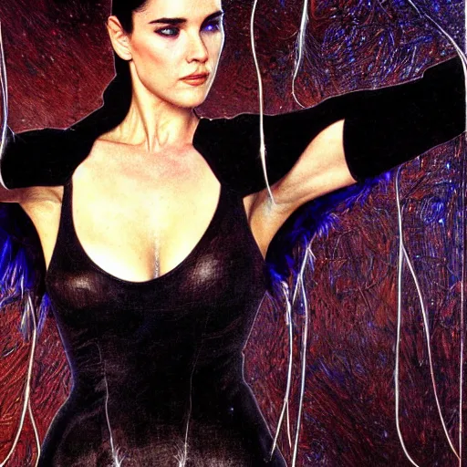 Image similar to young jennifer connelly the dark swan queen, black feathers instead of hair, feathers growing out of skin, black bodysuit, moulting, suspended in zero gravity, on spaceship with cables hanging down, highly detailed, mike mignogna, ron cobb, mucha, oil painting