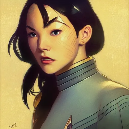 Prompt: female star trek captain, disney, finely detailed features, closeup at the face, perfect art, gapmoe yandere grimdark, trending on pixiv fanbox, painted by greg rutkowski makoto shinkai takashi takeuchi greg rutkowski, alphonse mucha, akihiko yoshida