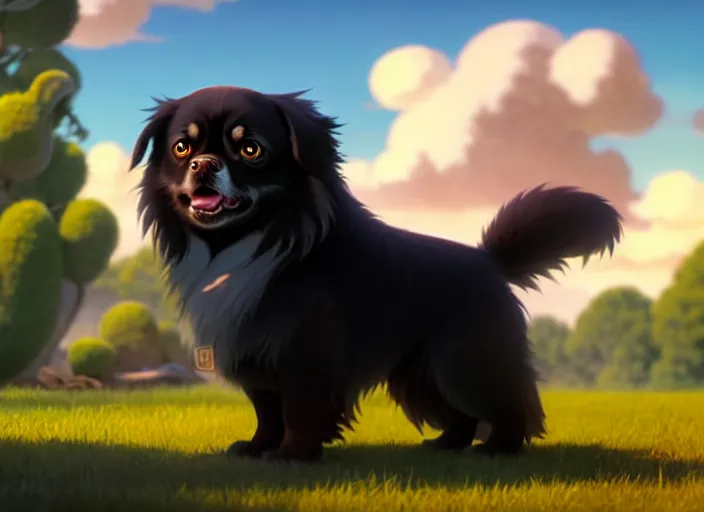 Image similar to a wholesome animation key shot of a black tibetan spaniel, in spain, studio ghibli, pixar and disney animation, sharp, rendered in unreal engine 5, anime key art by greg rutkowski, bloom, dramatic lighting