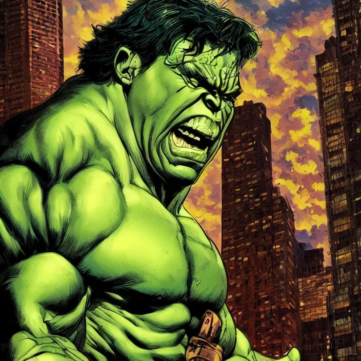 Prompt: a portrait of the incredible hulk looking angry in new york city by james jean and brian despain dramatic lighting.