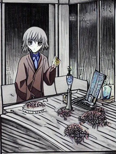 Image similar to anime drawing of a powerful magician in his laboratory. magical artefacts in the table, bushs of flowers growing in the roof and floor