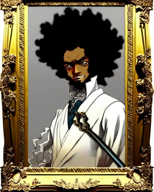 Image similar to afro samurai anime character wearing a beautiful 1 8 th century suit with a tie, rococo style, francois boucher style, highly detailed, very realistic, painterly style