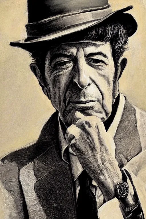 Prompt: “portrait of Leonard Cohen, impeccably dressed, wearing trilby hat, by mort kunstler”