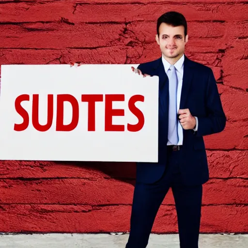 Prompt: a man wearing suite holding sign in his hands