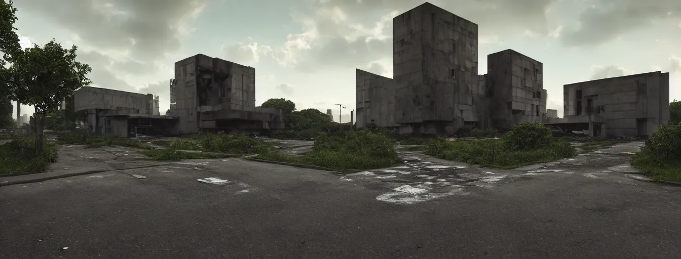 Prompt: a street view of brutalist architecture by Le Corbusier, abandoned derelict buildings, damaged structures, empty streetscapes, surrounded by lush green vegetation, volumetric lighting, sunset, rusted steel, solid concrete, glass, stunning skies, scattered rubbish and debris, 8k, photorealistic, hyper detailed, unreal engine 5, IMAX quality, cinematic, epic lighting, digital painting by Greg Rutkowski, in the style of DOOM, trending on Artstation