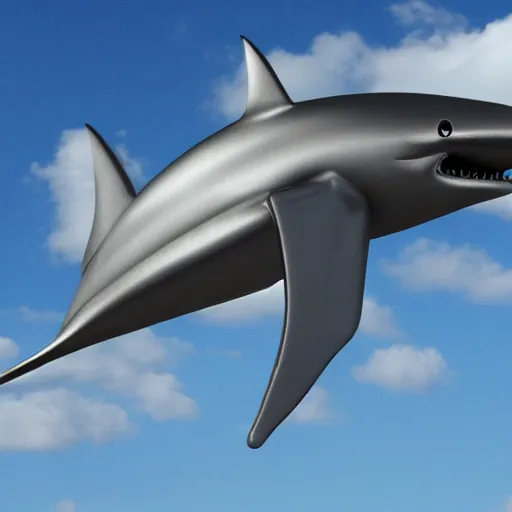 Image similar to air shark flying in the sky, metallic, shiny, chrome, clouds