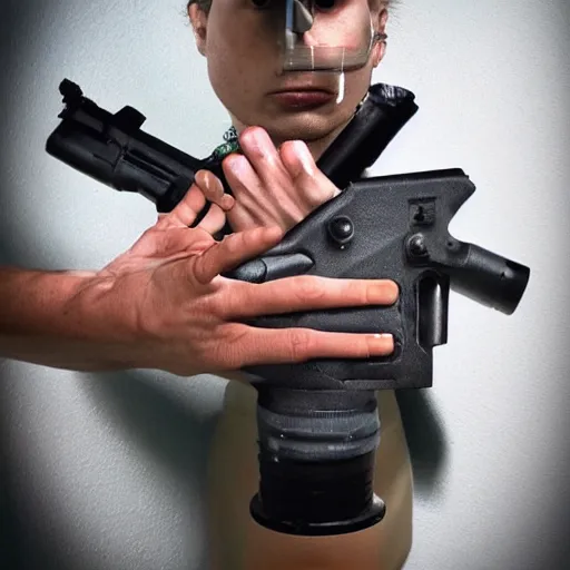 Image similar to human with guns as prosthetic hands