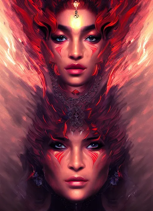 Prompt: face portrait of the empress of flames, perfect face details, symmetry, digital painting, trending on artstation and deviantart, epic composition, dynamic, highly detailed, ross draws, wlop, 8 k