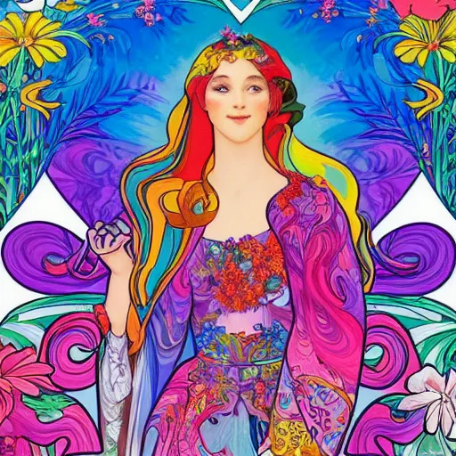 Image similar to a beautiful day, painted by lisa frank and alfons mucha collaboration