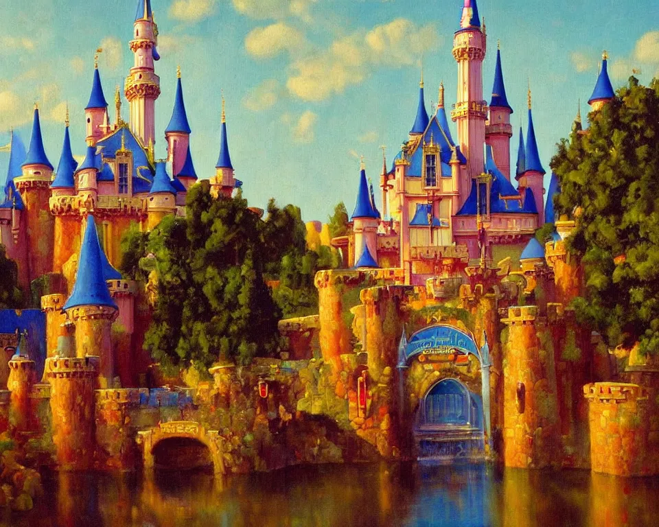 Prompt: an achingly beautiful oil painting of Disneyland's vibrant castle by Raphael and Hopper.