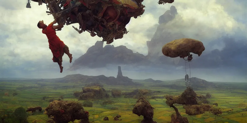 Prompt: landscape hanging from the sky earth facing land inception good composition, artstation, 4 k illustration sharp focus cloceup sunlit painted by ruan jia raymond swanland lawrence alma tadema zdzislaw beksinski norman rockwell tom lovell alex malveda greg staples