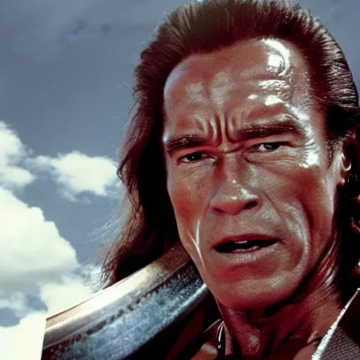 Image similar to an film still of arnold schwarzenegger as samurai, cinematic, dramatic action