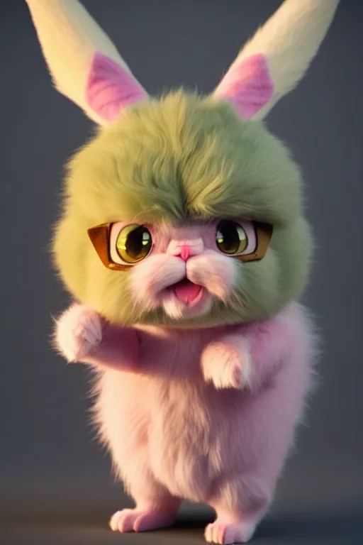 Image similar to high quality 3 d render hyperrealist very cute pastel fluffy! grumpy gargoyle cat hybrid eating giant ice cream full body, vray smooth, in the style of detective pikachu, hannah yata charlie immer, dramatic pink light, low angle, uhd 8 k, sharp focus