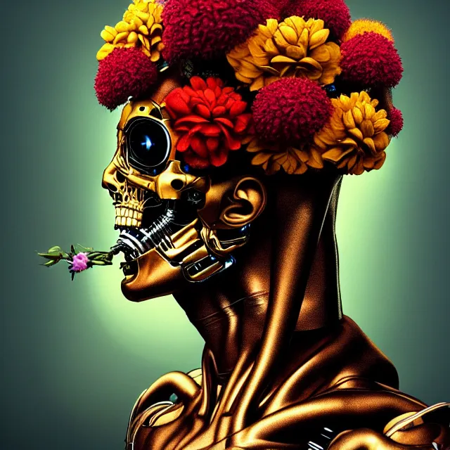 Prompt: bizarre surreal renaissance portrait of the terminator with a a flower afro made out of various flowers, eating flowers, dramatic cinematic lighting, bold colors, 8 k, beautiful intricate painting, hyper realistic, octane render