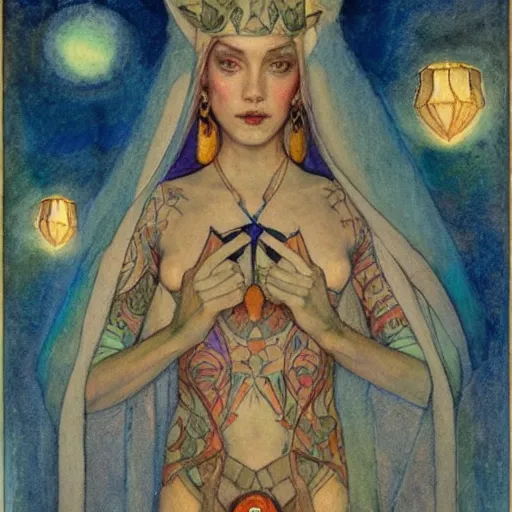 Image similar to the twilight queen with her lantern, by Annie Swynnerton and Nicholas Roerich, bioluminescent skin, tattoos, elaborate costume, geometric ornament, symbolist, smooth, sharp focus, extremely detailed