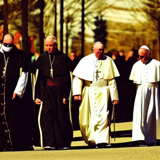 Image similar to priest, pope, jackal, [ nun ], walking down the road,