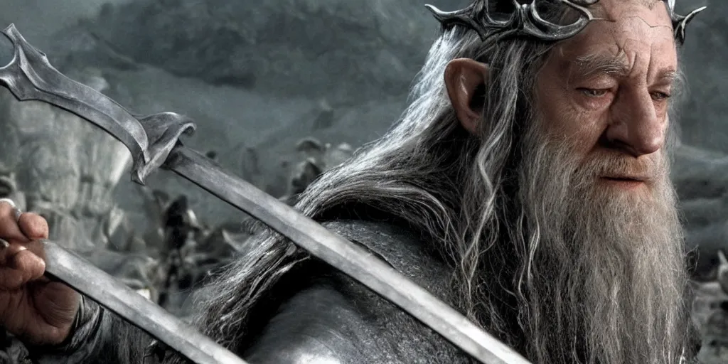 Image similar to movie still from the lord of the rings, directed by ridley scott in the style of h. r. giger, gandalf wearing a tall steel crown, resting against a twisted metal staff, dark, cinematic, cinemascope, highly detailed