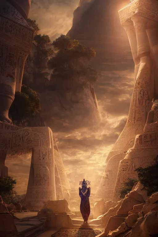 Image similar to portrait of an egyptian god, fantasy ,volumetric lighting, intricate, elegant, hyperdetailed 3d matte painting, highly detailed, digital painting, artstation, smooth, sharp focus, illustration, art by Makoto Shinkai and artgerm, hyperrealism, hyperrealistic, cinematic masterpiece, fantasy style 8k ultrahd octane render