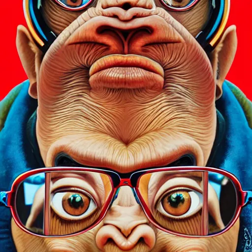 Prompt: lofi monkey in front of a mirror reflecting anger facial expression of a human face, symmetrical hands, mirrored glasses, Pixar style by Tristan Eaton Stanley Artgerm and Tom Bagshaw, high detail