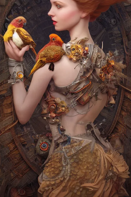 Prompt: zoom in 3 d render of english princess holding birds, ornaments, mechanical parts, mucha vibe, dieselpunk, solarpunk, artstation, andrei riabovitchev