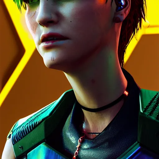 Prompt: female V from Cyberpunk 2077 wearing spiked black choker around neck, realistic, art, beautiful, 4K, HD, collar, technological,